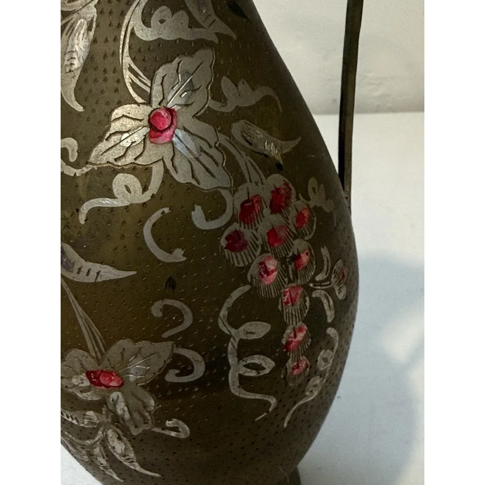Vintage India Brass Water Pitcher Circa‎ Etched Painted Elegant Curved Handle